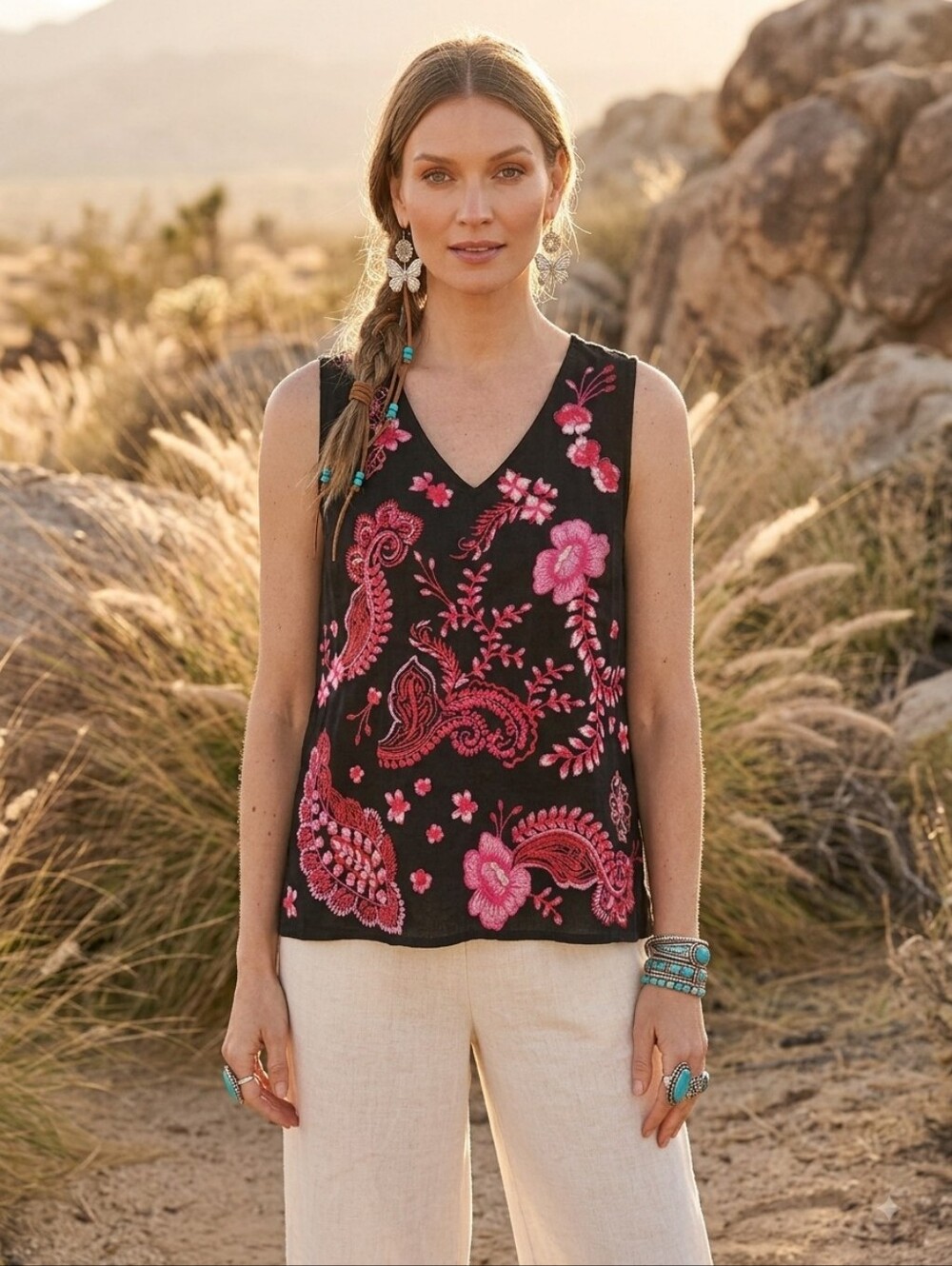 Johnny Was Cassia Button Back Linen Tank Top Embroidered Black Floral XL